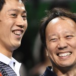 TOKYO, JAPAN - NOVEMBER 22:  (L-R) Kei Nishikori and coach Michael Chang attend the Dream Tennis exhibition match at Ariake Colosseum on November 22, 2014 in Tokyo, Japan.  (Photo by Jun Sato/Getty Images)